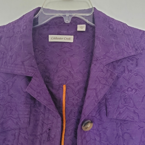 Coldwater Creek Jacket Purple Embroidered Print Collared Buttons Pockets Size 14 - Picture 10 of 10
